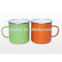 orange color enamel mug with ss rim and pe lid